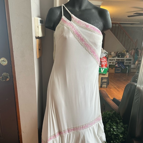 Chic One-Shoulder White and Pink Dress - Picture 1 of 7